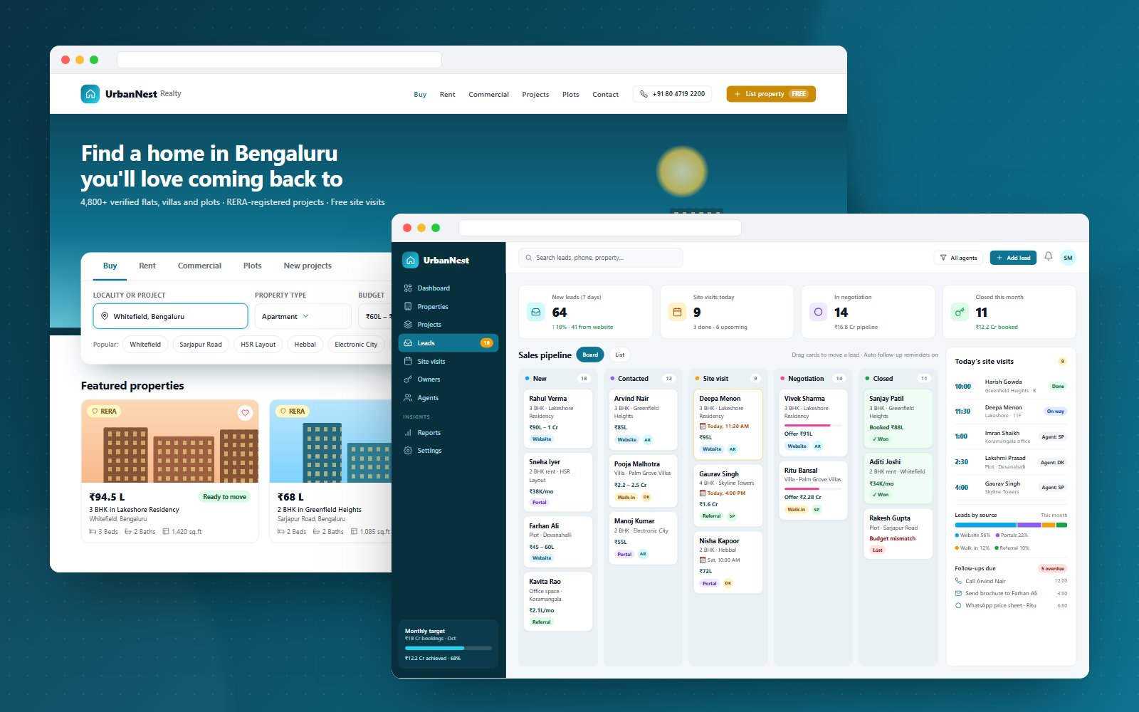 UrbanNest Realty – Property Website & Sales CRM - website, admin panel and mobile screens